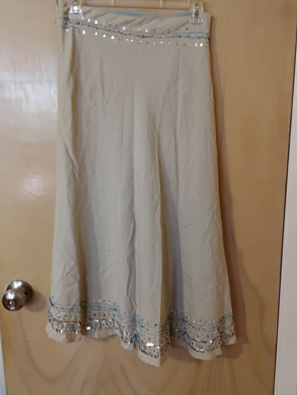 Beige Embellished Maxi Skirt with Silver And Blue Stones Accents - Picture 2 of 5